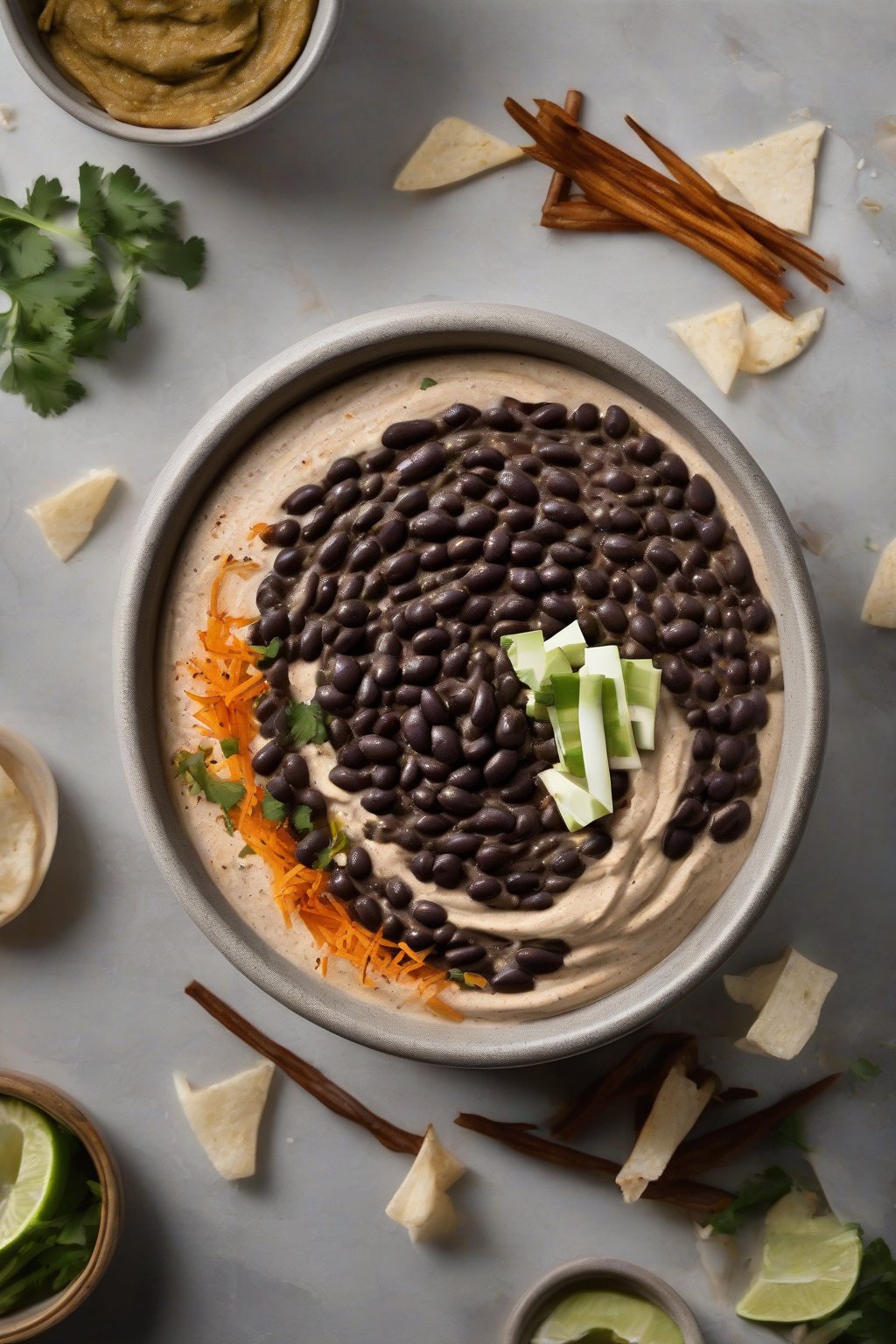 A high-resolution photo of chipotle black bean hummus with a smoky swirl, served with jicama sticks, under soft lighting.