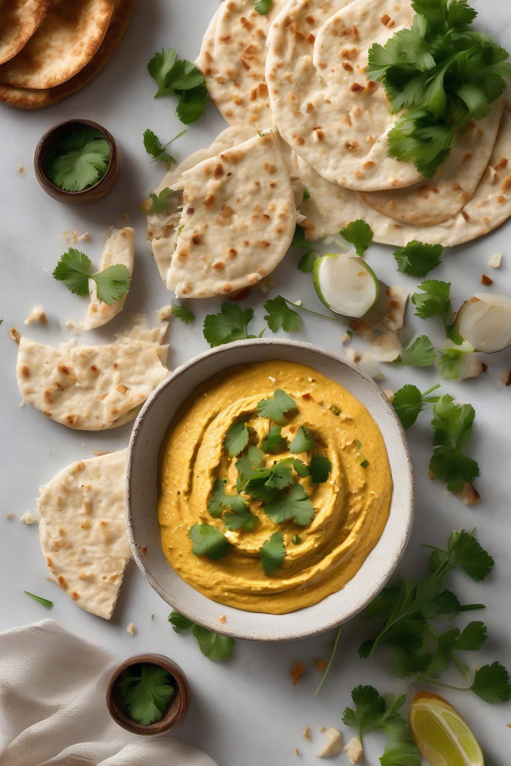 A high-resolution photo of curry coconut hummus garnished with coconut flakes and cilantro, next to naan pieces, under soft lighting.