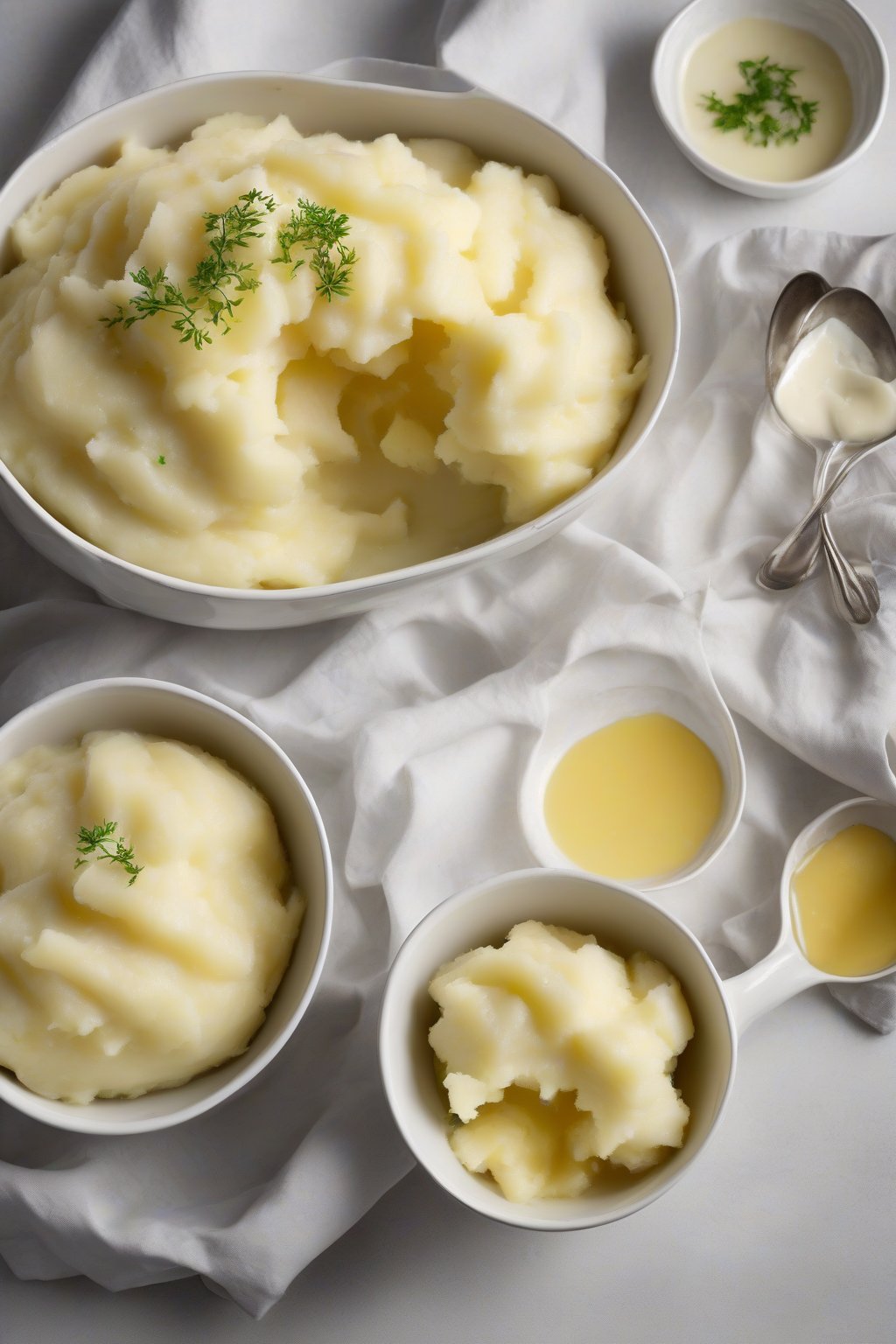 A high-resolution photo of classic buttery mashed potatoes piled high in a white bowl, topped with a pat of melting butter, under soft lighting.