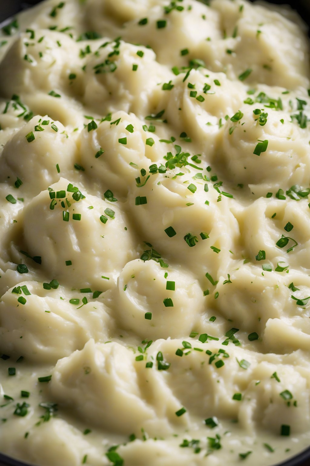 A high-resolution photo of garlic mashed potatoes swirled with golden roasted garlic flecks, garnished with chopped chives, under soft lighting.