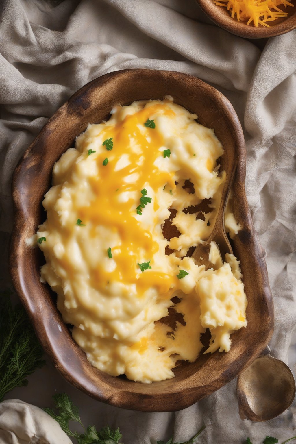 A high-resolution photo of cheesy cheddar mashed potatoes bubbling with melted cheese pull, served in a rustic bowl, under soft lighting.