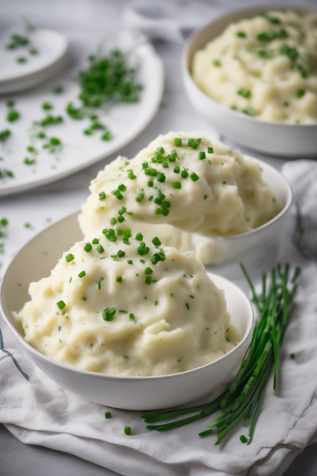 A high-resolution photo of sour cream and chive mashed potatoes topped with fresh green chives, smooth and creamy texture, under soft lighting.