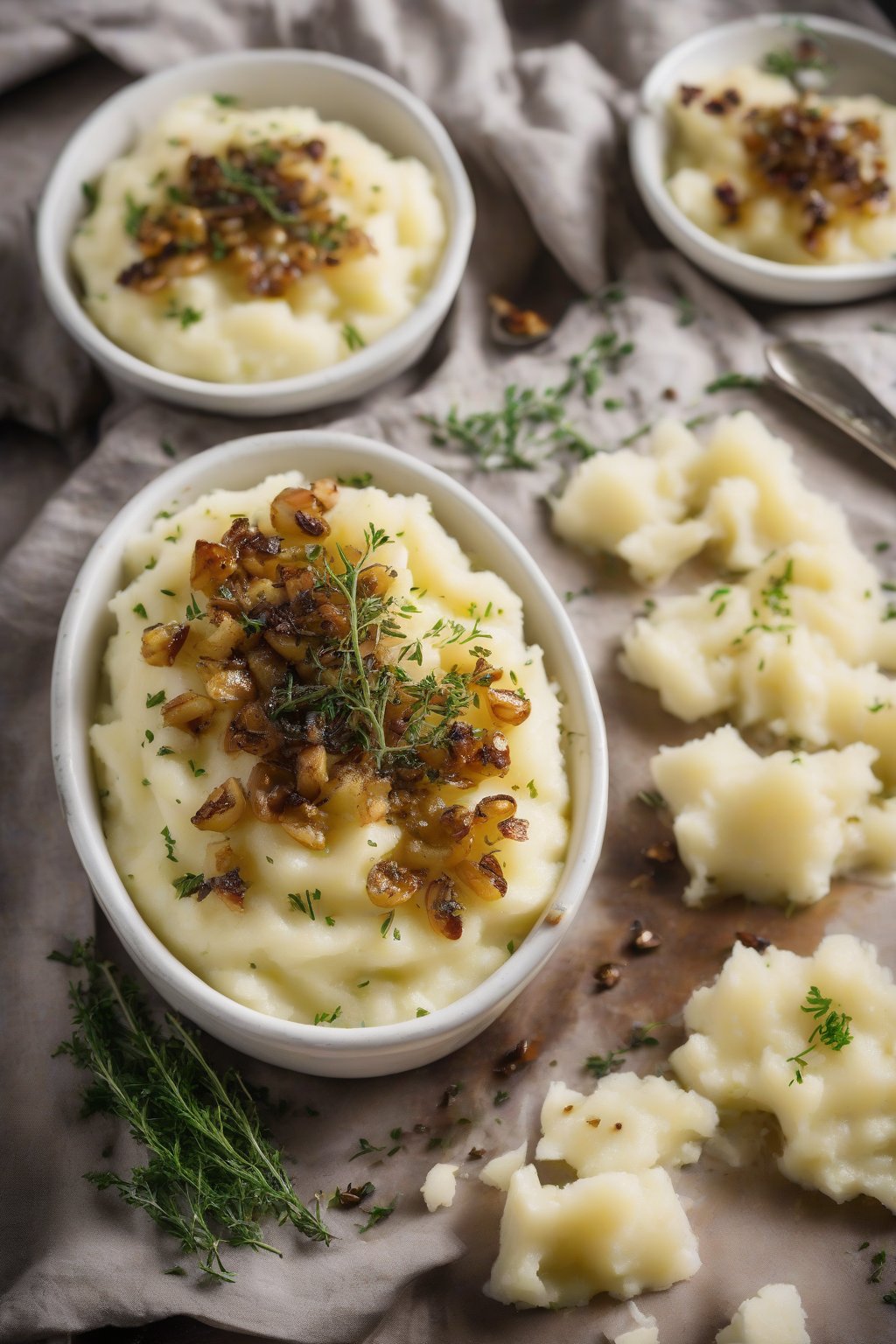 A high-resolution photo of roasted garlic mashed potatoes with caramelized garlic bits, dotted with thyme, under soft lighting.