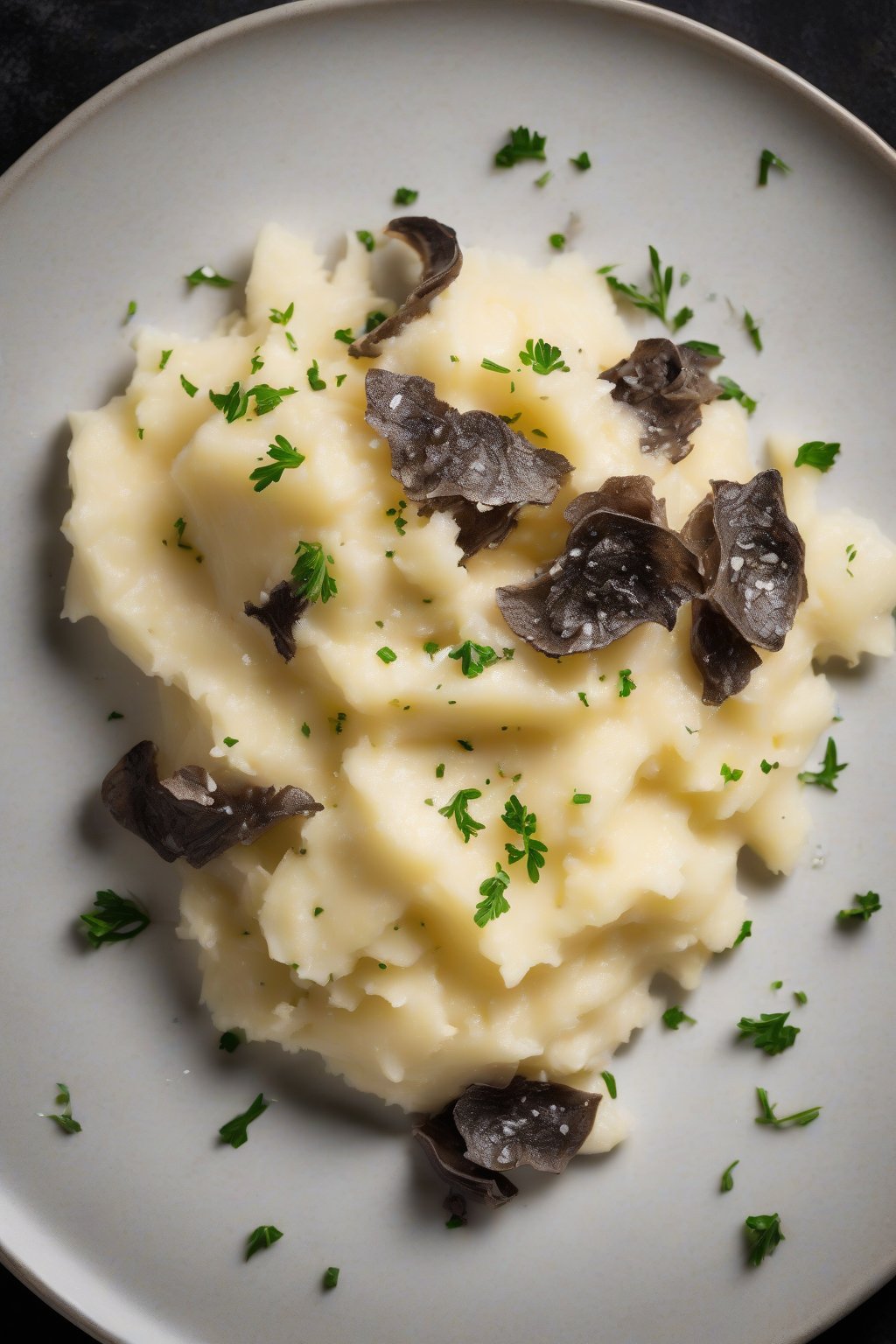 A high-resolution photo of truffle mashed potatoes glistening with oil, shaved Parmesan garnish, under soft lighting.