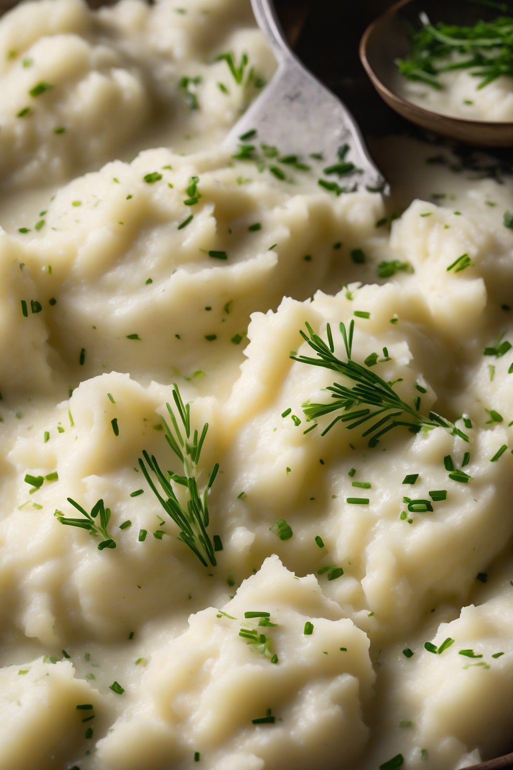 A high-resolution photo of horseradish mashed potatoes with a pinkish hue and chive flecks, steam rising, under soft lighting.