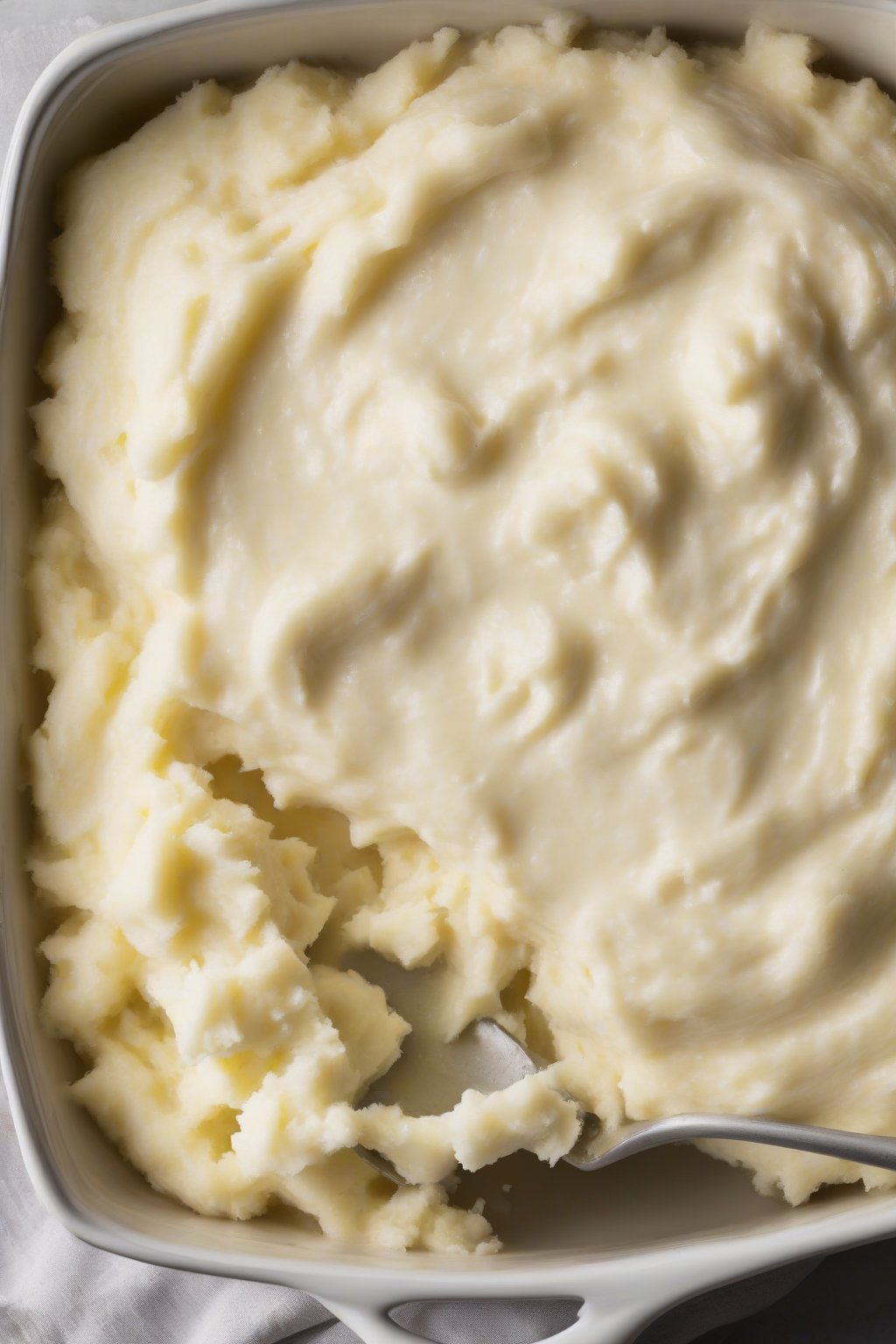 A high-resolution photo of cream cheese mashed potatoes smooth as silk, served family-style, under soft lighting.