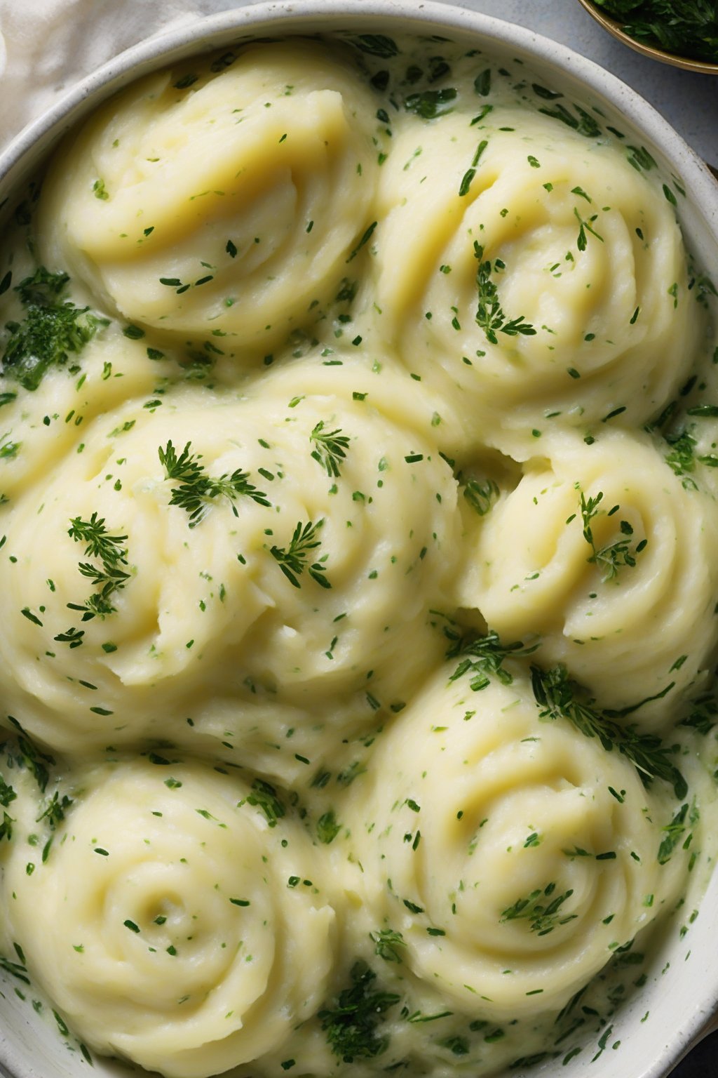 A high-resolution photo of herb-infused mashed potatoes swirled with green herb flecks, butter pooling, under soft lighting.
