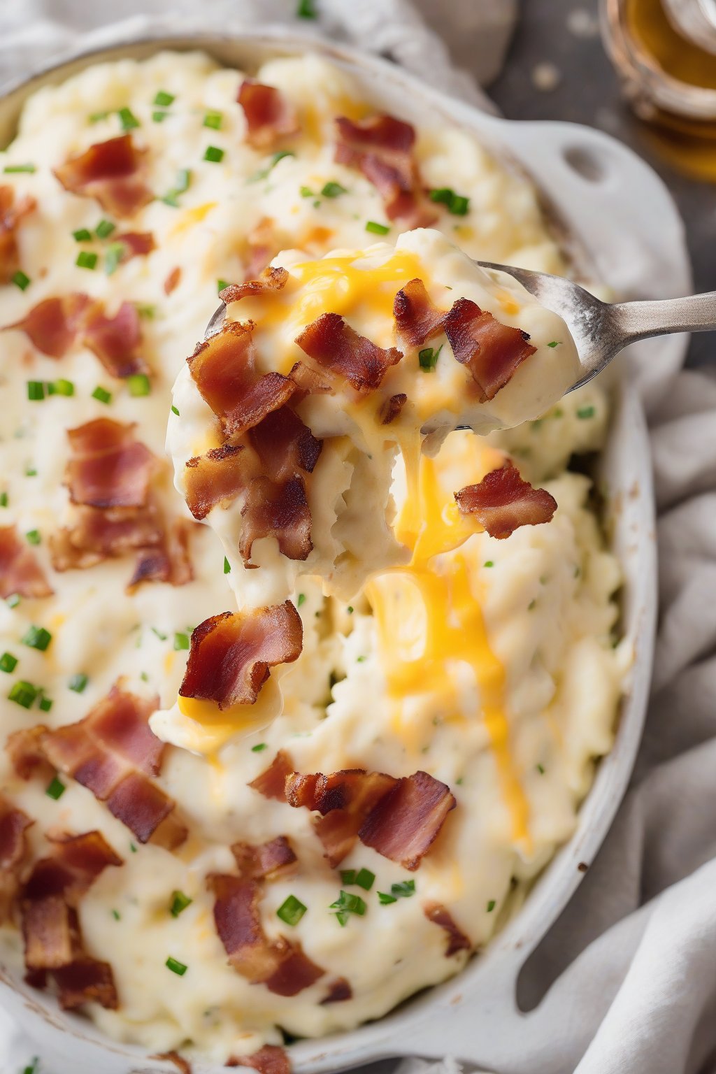 A high-resolution photo of loaded bacon ranch mashed potatoes topped with crispy bacon and melted cheese, under soft lighting.
