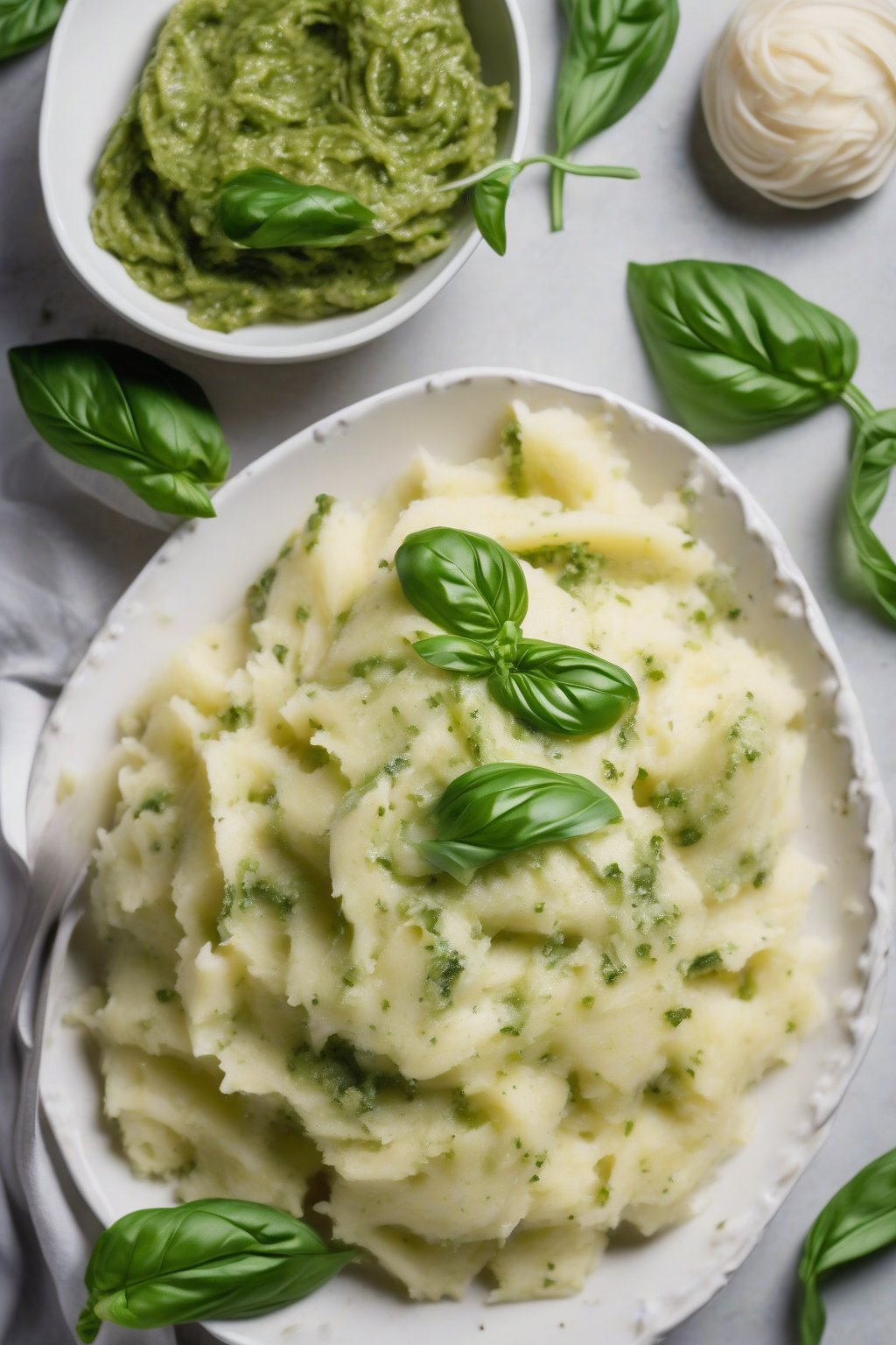 A high-resolution photo of pesto-swirled mashed potatoes with green basil ribbons, Parmesan shavings, under soft lighting.