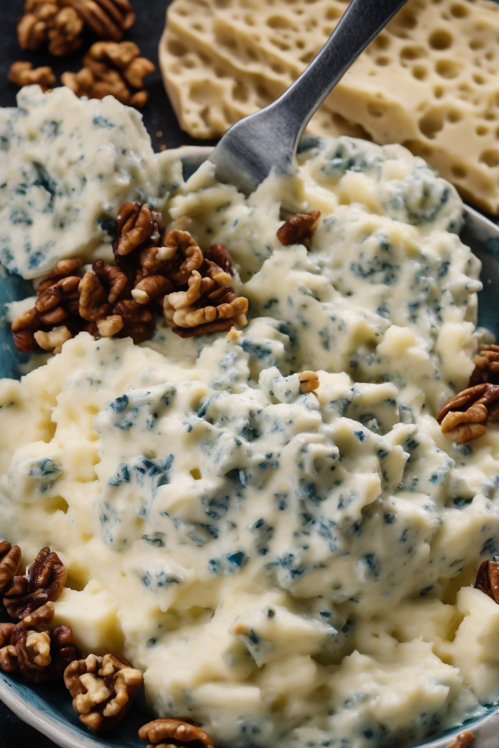 A high-resolution photo of blue cheese mashed potatoes studded with walnut pieces, creamy veins of cheese, under soft lighting.