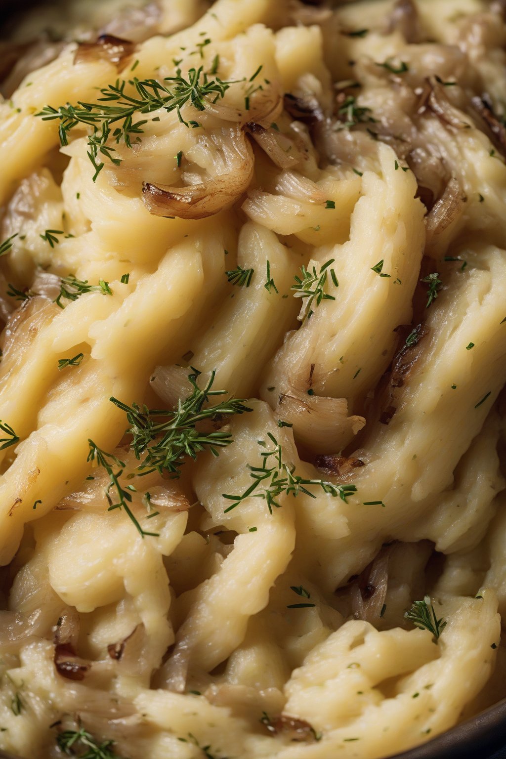 A high-resolution photo of caramelized onion mashed potatoes with golden onion strands woven through, thyme sprigs, under soft lighting.