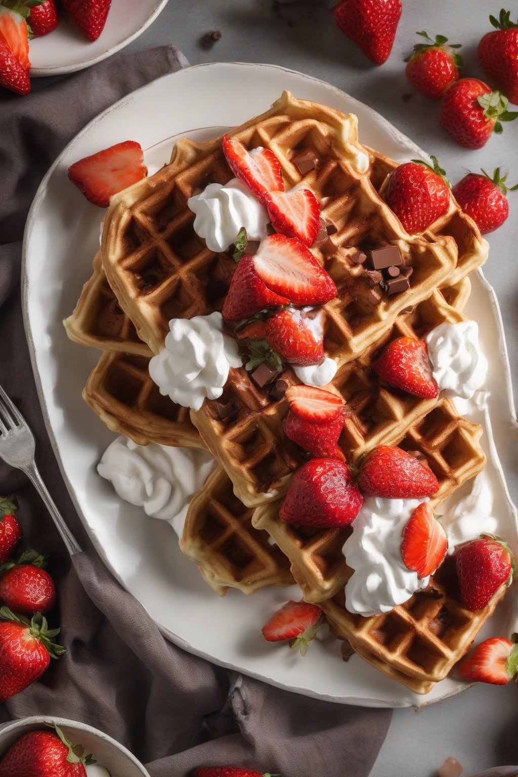 A high-resolution photo of chocolate chip crispy waffles topped with fluffy whipped cream and juicy strawberries, under soft lighting.