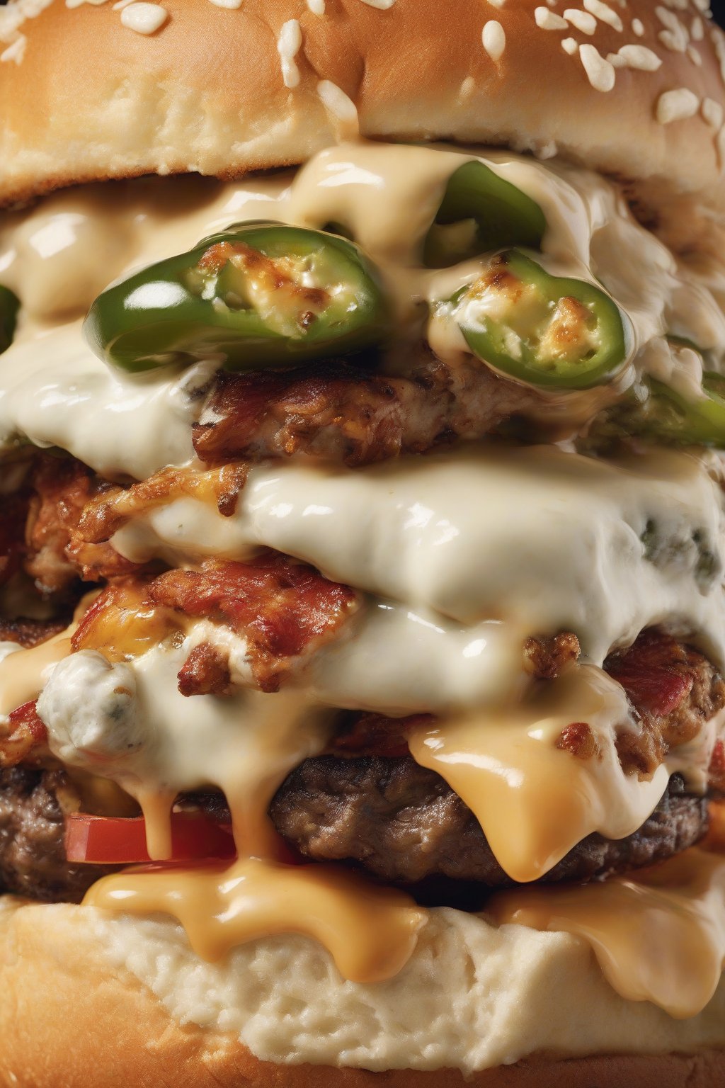 A high-resolution close-up photo of a jalapeño popper smash burger oozing spicy cream cheese and melted pepper jack under soft lighting.