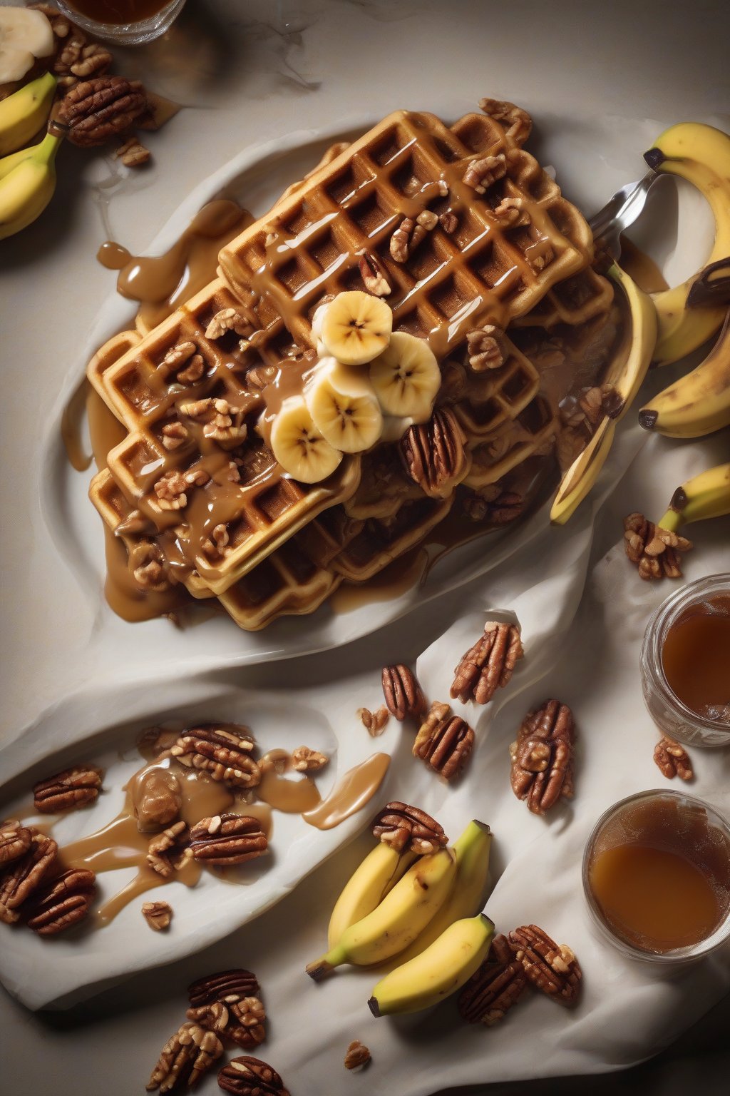 A high-resolution photo of crispy waffles smothered in caramelized bananas and rum sauce, garnished with pecans, under soft lighting.