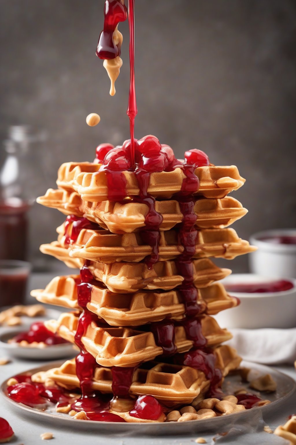 A high-resolution photo of peanut butter crispy waffles with red jelly swirls cascading down the stack, under soft lighting.