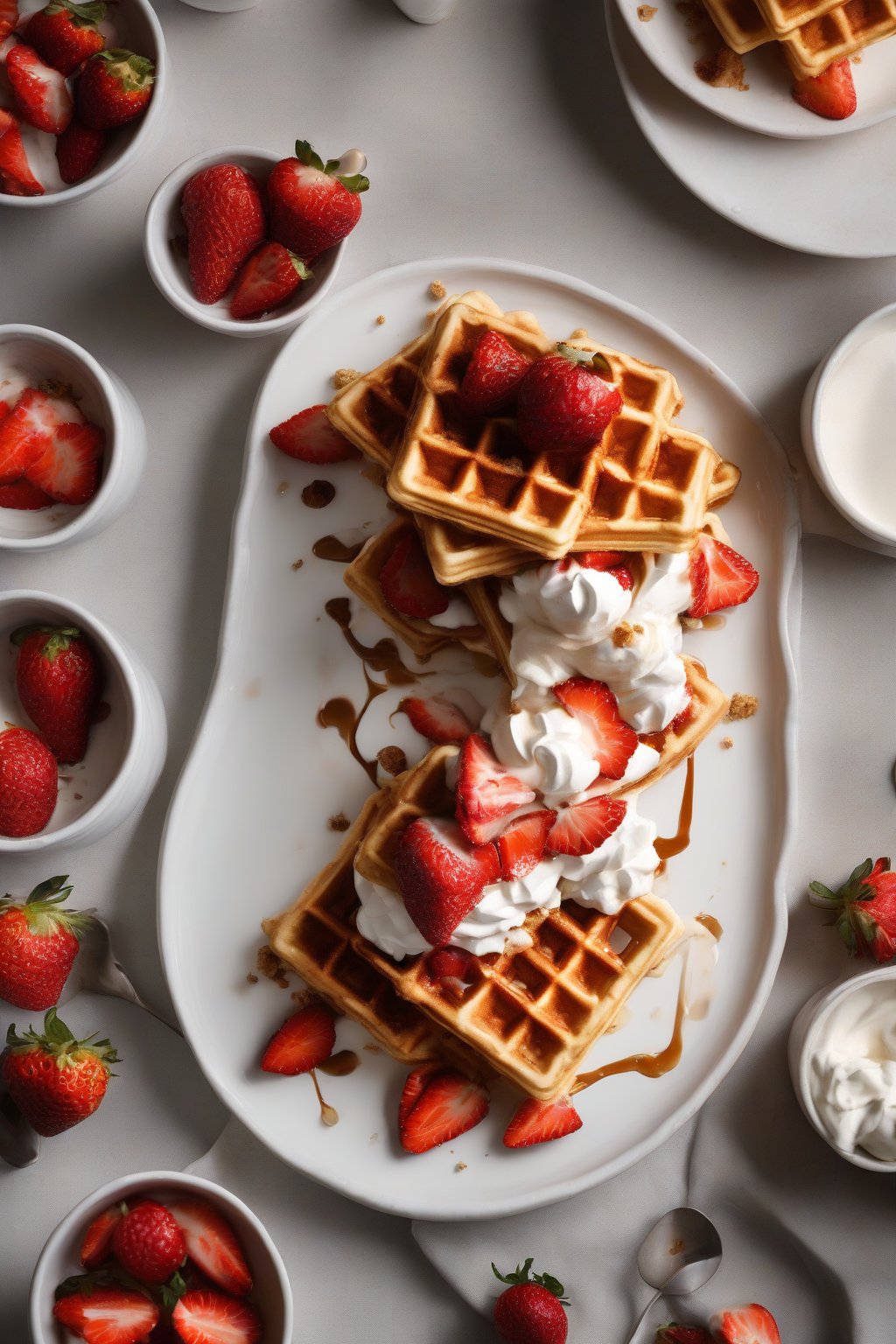 A high-resolution photo of layered crispy waffles with macerated strawberries, whipped cream, and biscuit crumble, under soft lighting.