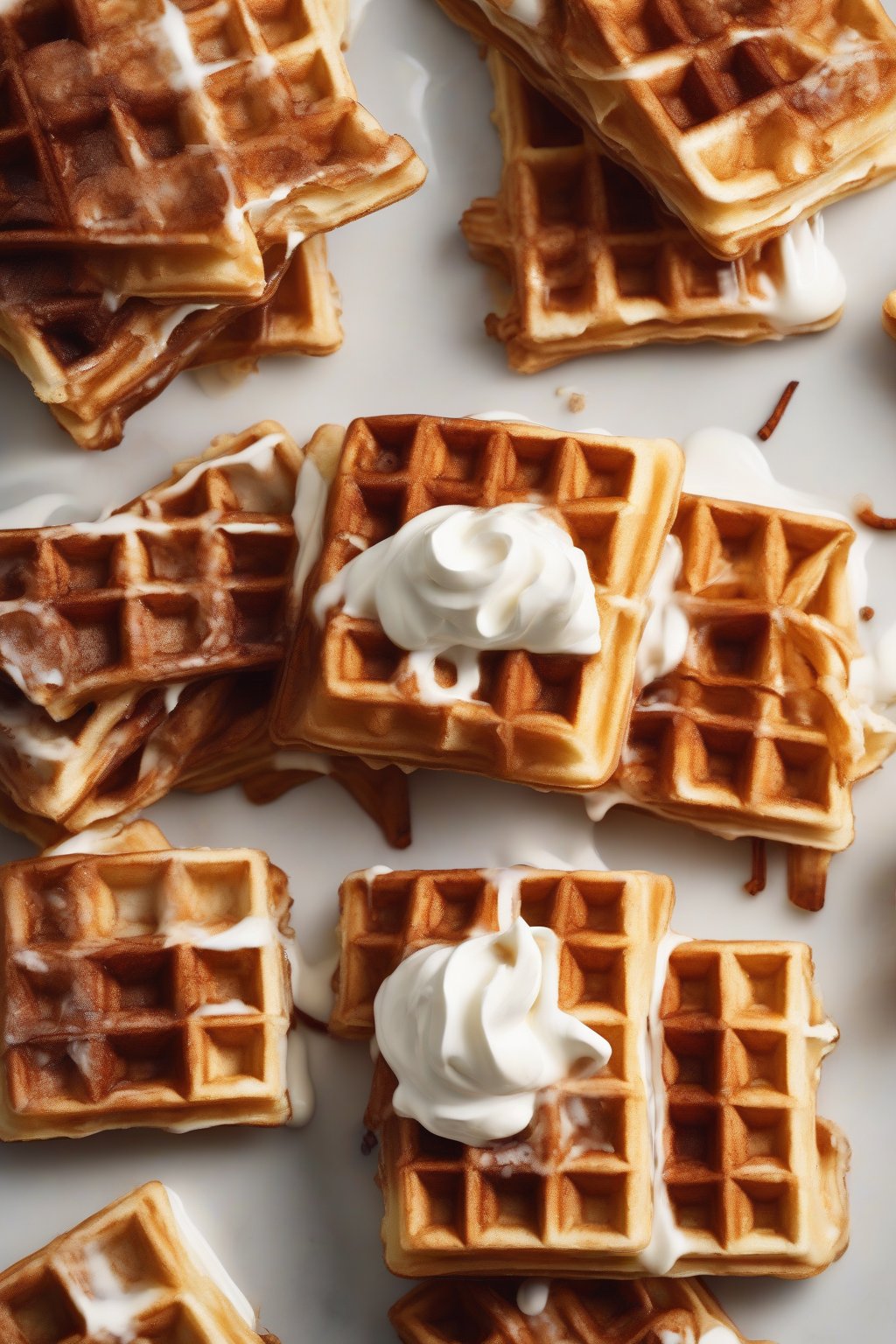 A high-resolution photo of cinnamon-swirled crispy waffles iced with thick cream cheese frosting, under soft lighting.