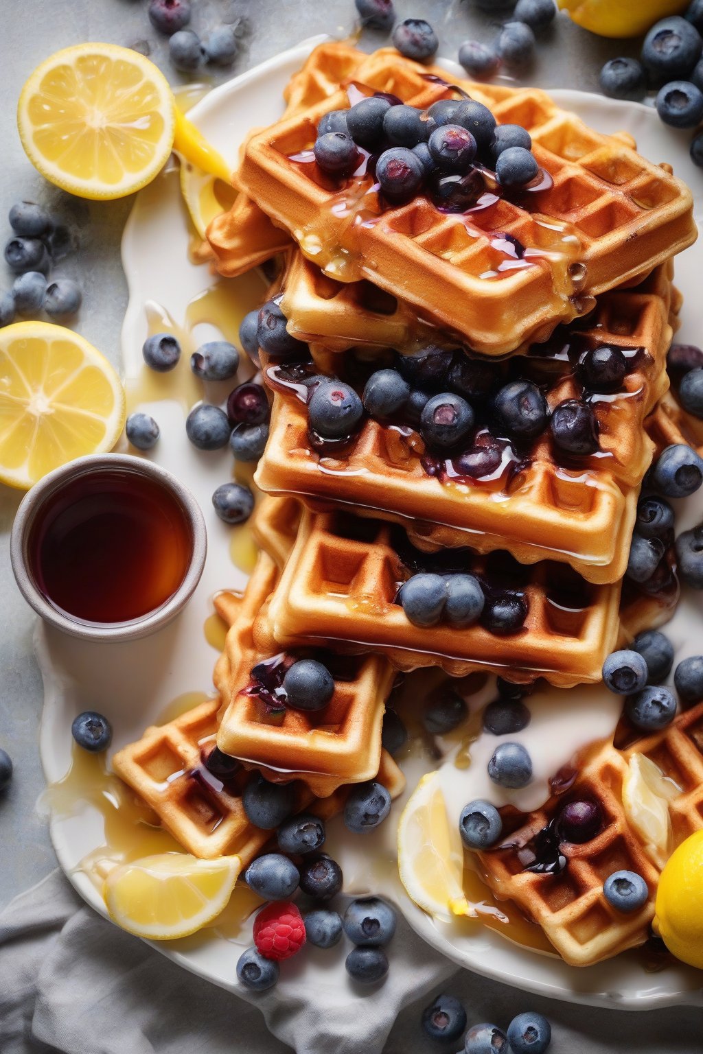 A high-resolution photo of lemon blueberry crispy waffles glistening with honey drizzle, berries peeking out, under soft lighting.