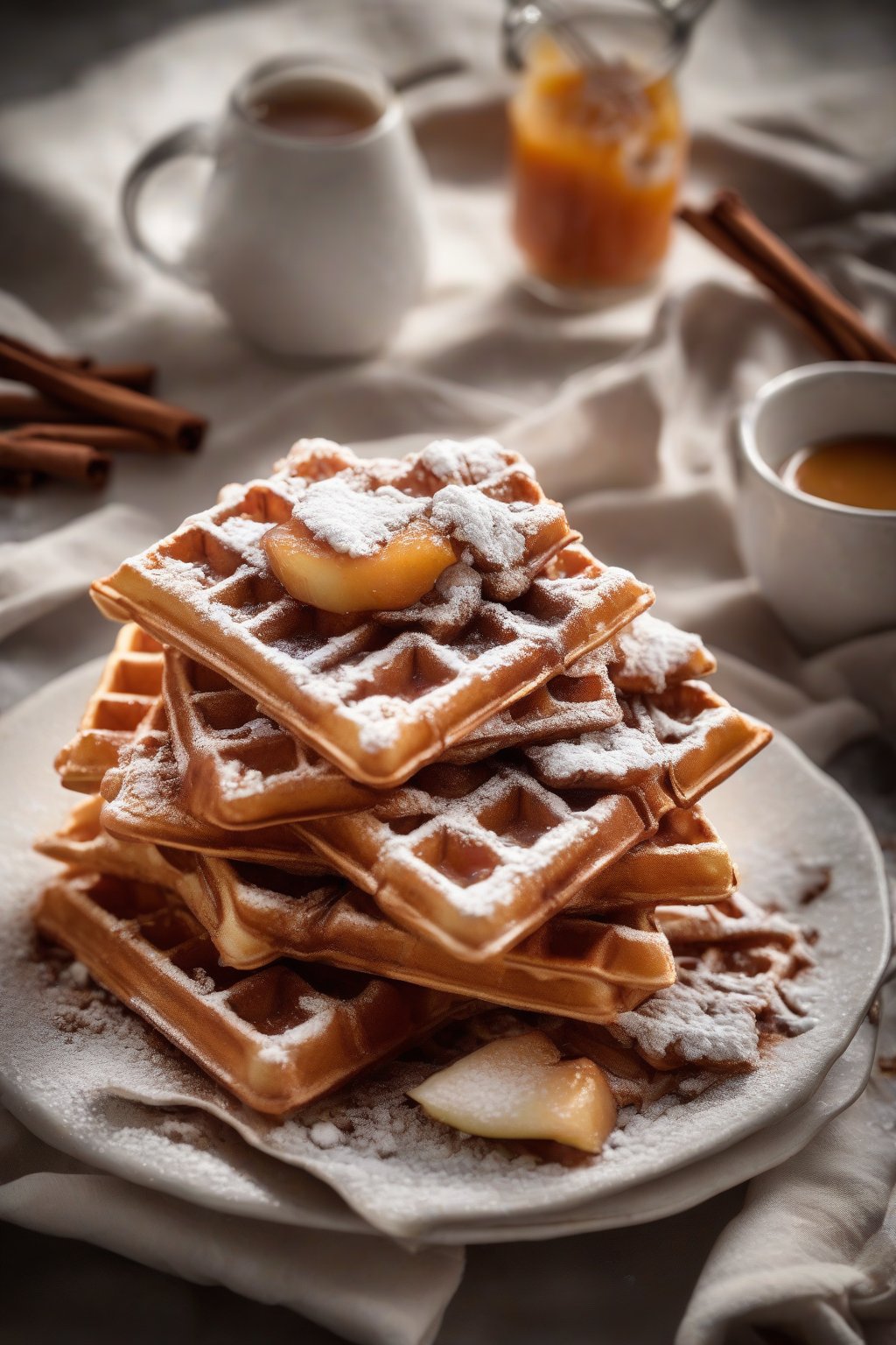 A high-resolution photo of crispy waffles piled with cinnamon apple compote and powdered sugar dusting, under soft lighting.