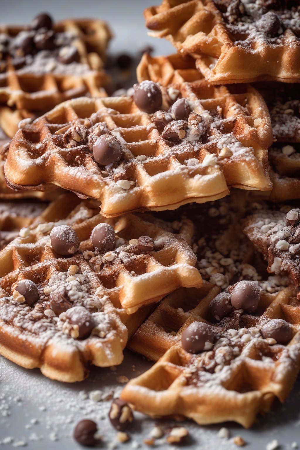 A high-resolution photo of crispy waffles oozing Nutella, sprinkled with crushed hazelnuts, under soft lighting.