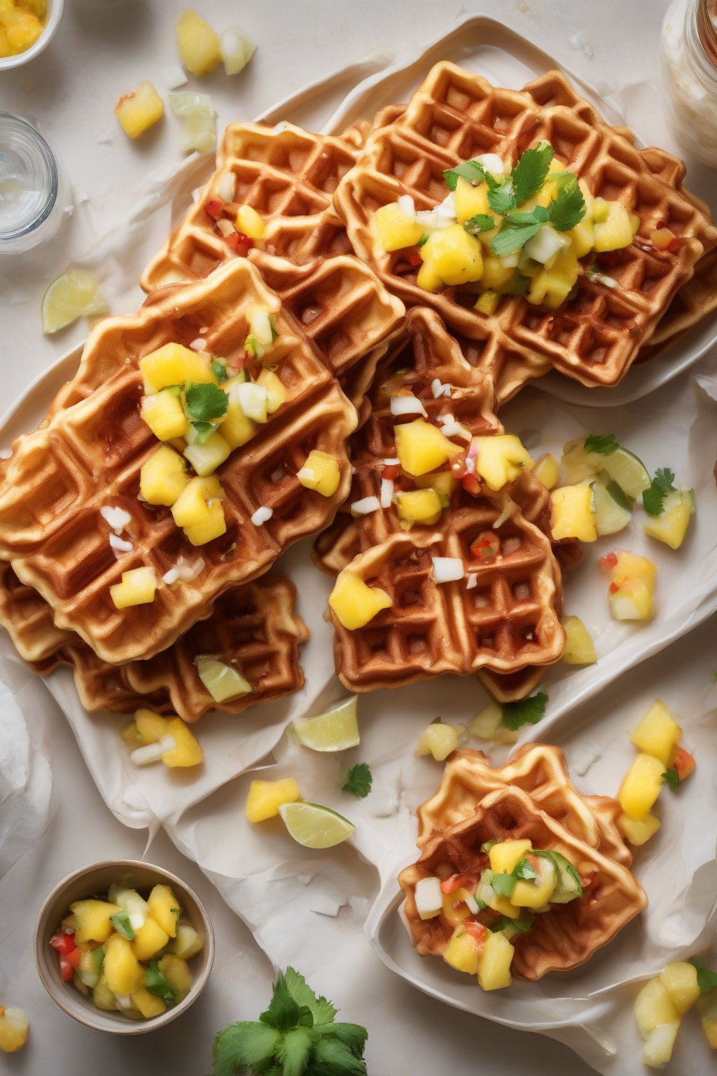 A high-resolution photo of coconut-flecked crispy waffles topped with vibrant pineapple salsa, under soft lighting.