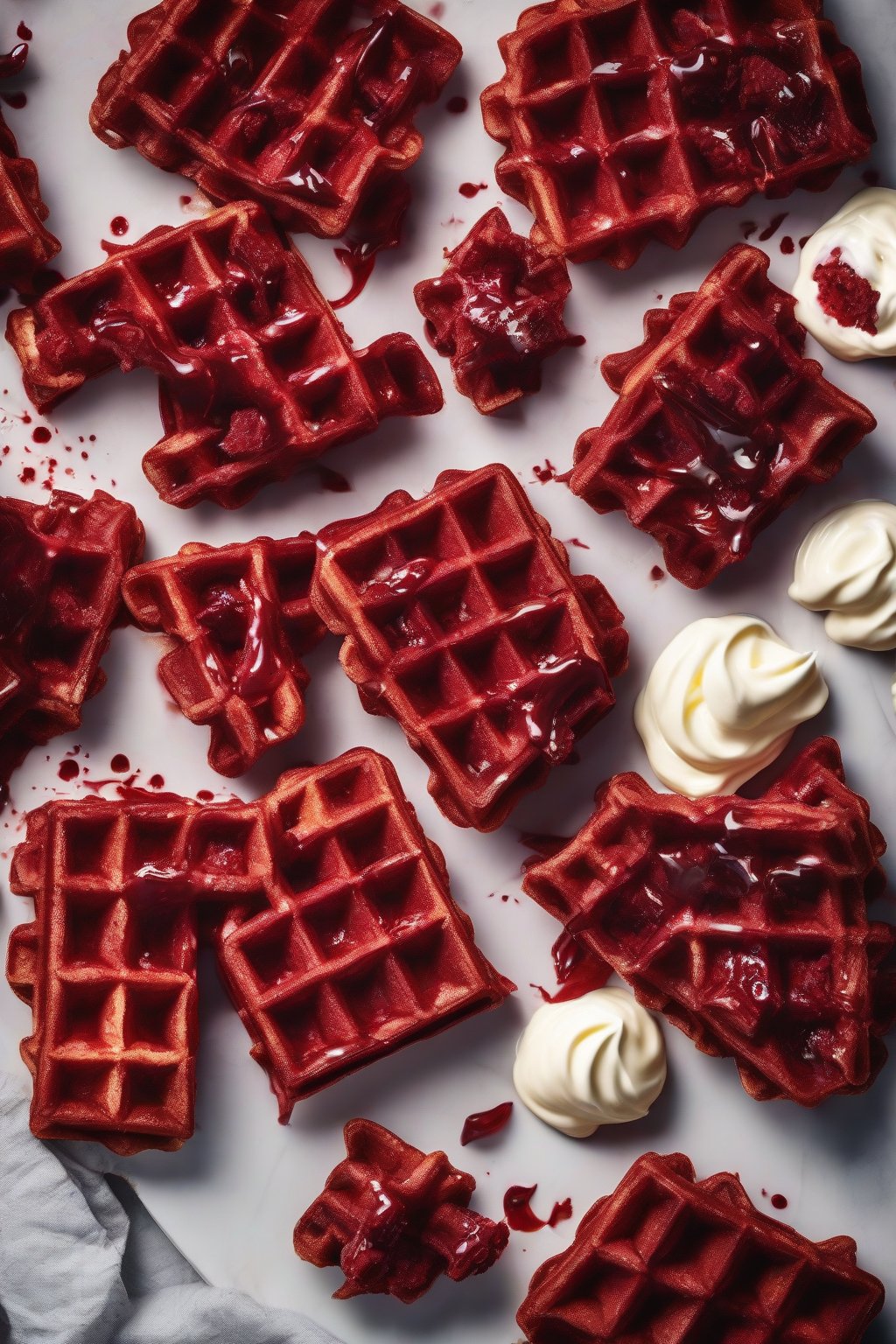 A high-resolution photo of red velvet crispy waffles glazed with cream cheese, under soft lighting.