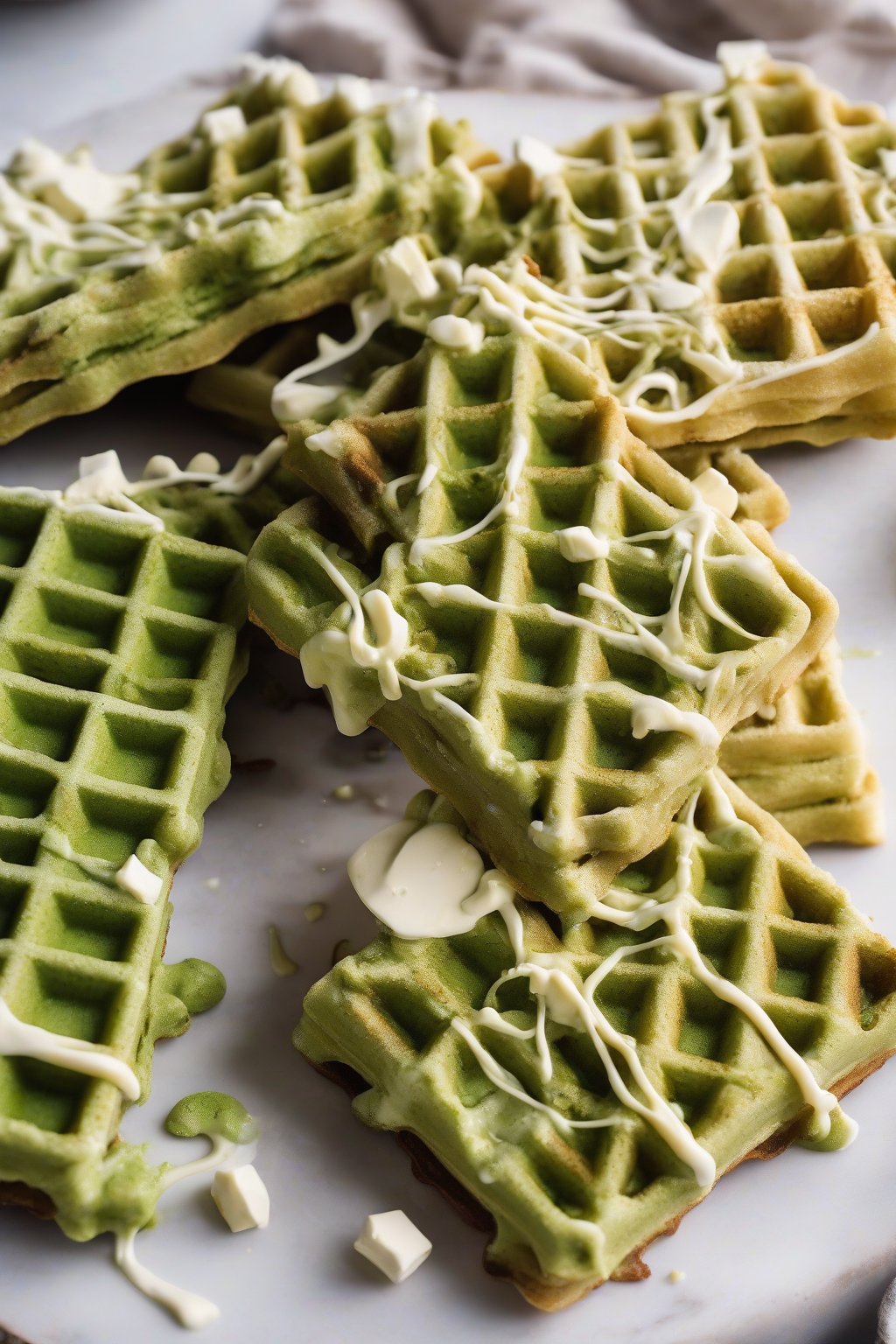 A high-resolution photo of green matcha crispy waffles adorned with white chocolate curls, under soft lighting.