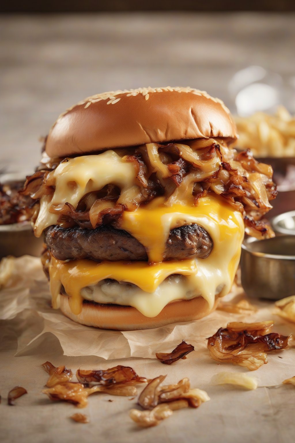 A high-resolution close-up photo of a BBQ smash burger topped with gooey caramelized onions and melted gouda under soft lighting.