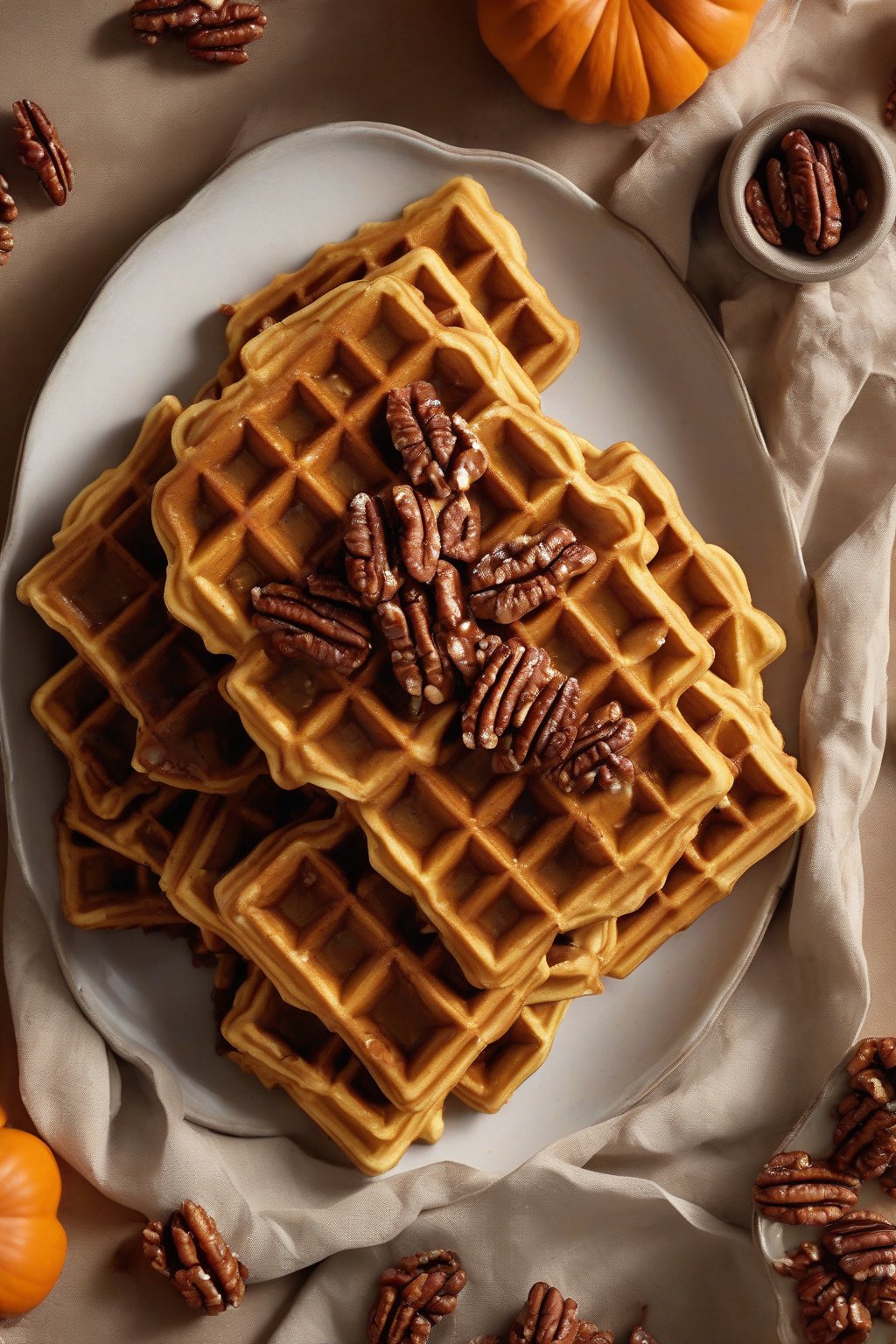 A high-resolution photo of pumpkin spice crispy waffles scattered with maple-glazed pecans, under soft lighting.