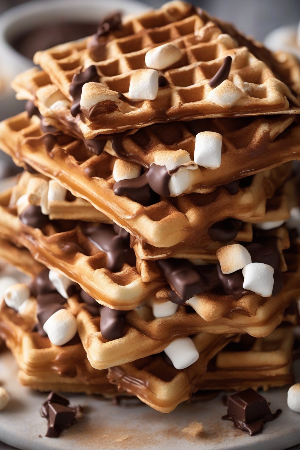 A high-resolution photo of crispy waffles layered with chocolate, graham crackers, and golden toasted marshmallows, under soft lighting.