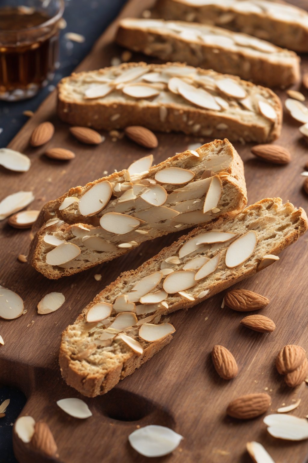 A high-resolution photo of golden sliced classic almond biscotti on a wooden board, scattered with almond slivers, under soft lighting.