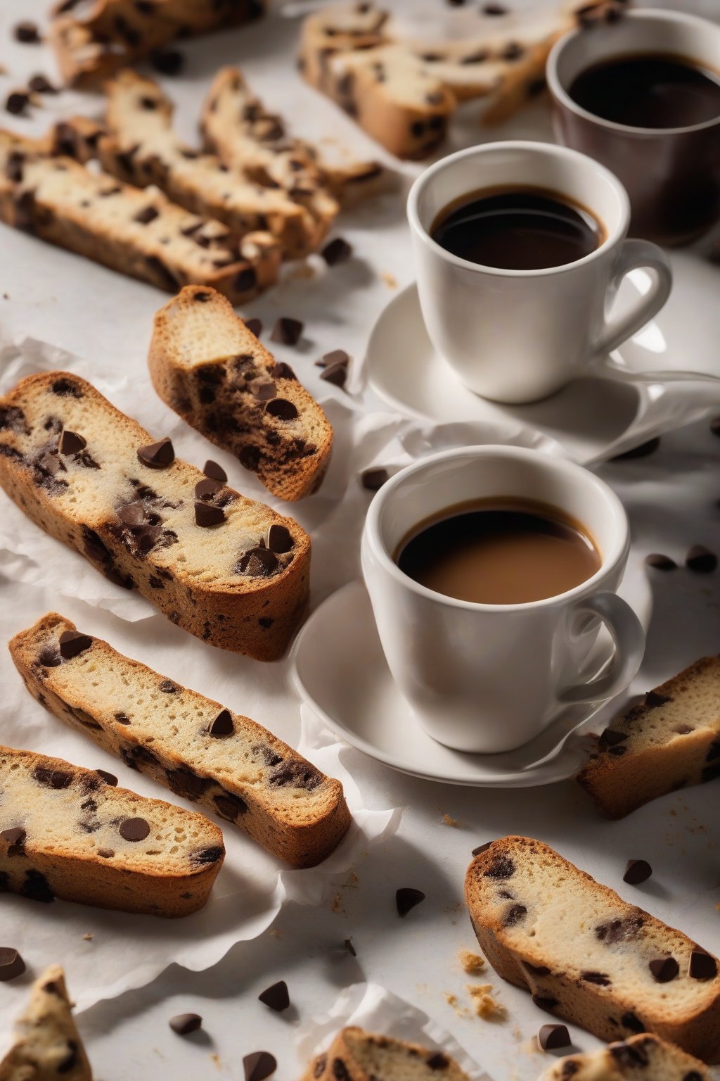 A high-resolution photo of chocolate chip biscotti slices with melted edges after dunking, beside a coffee cup, under soft lighting.
