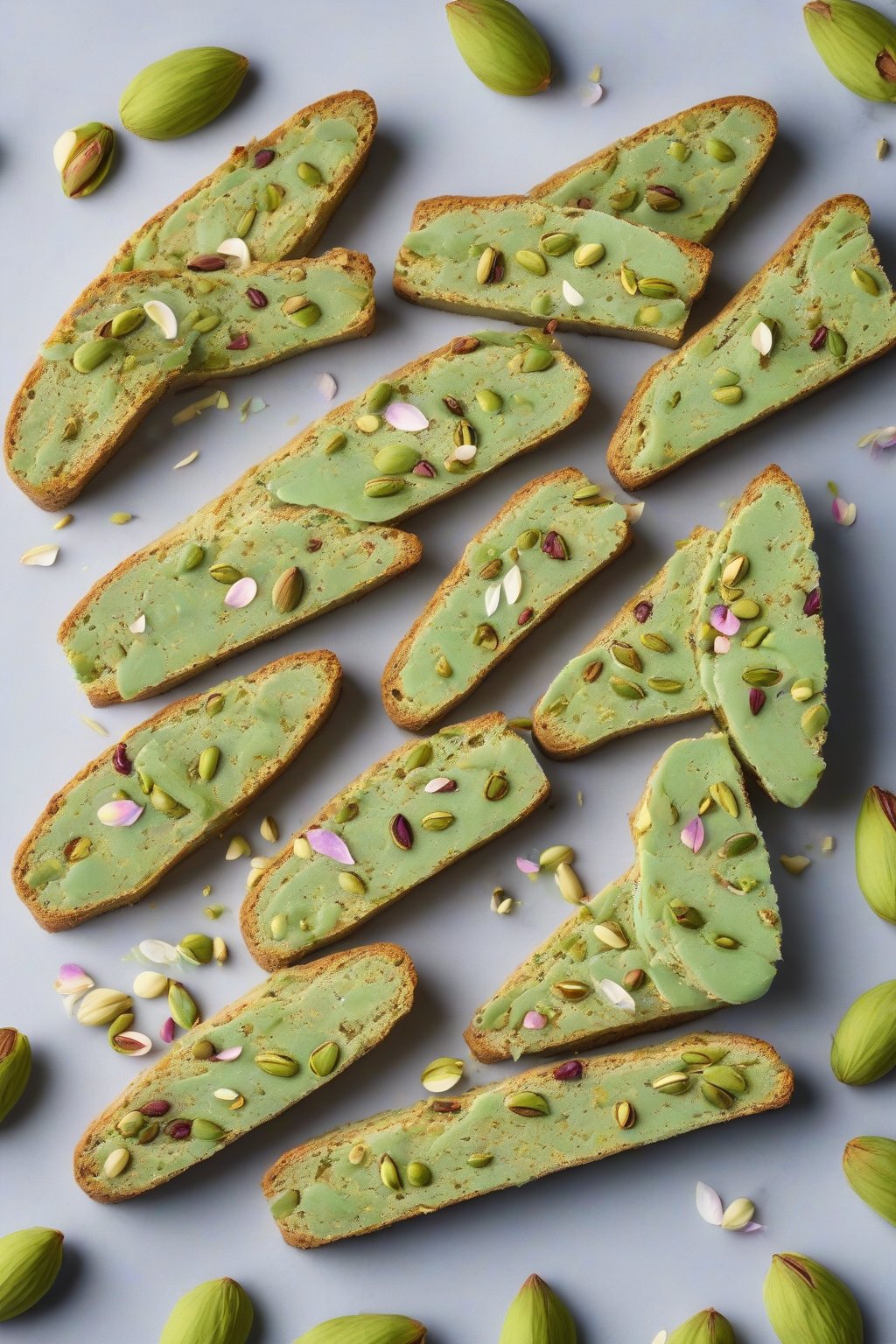 A high-resolution photo of vibrant green pistachio rose biscotti slices arranged in a fan, petals nearby, under soft lighting.