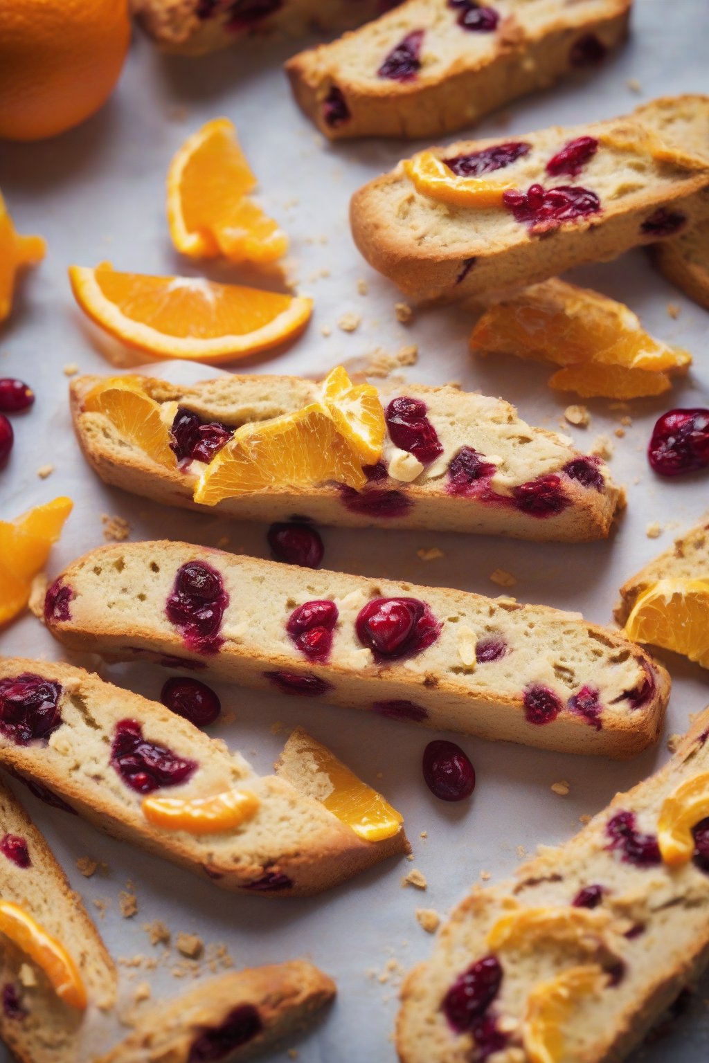 A high-resolution photo of cranberry orange biscotti with red berries popping against golden dough, orange slices garnish, under soft lighting.