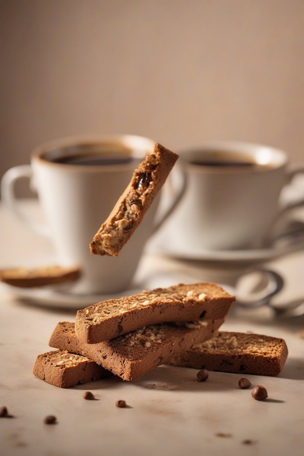 A high-resolution photo of hazelnut coffee biscotti dunked in espresso, crumbs floating, under soft lighting.