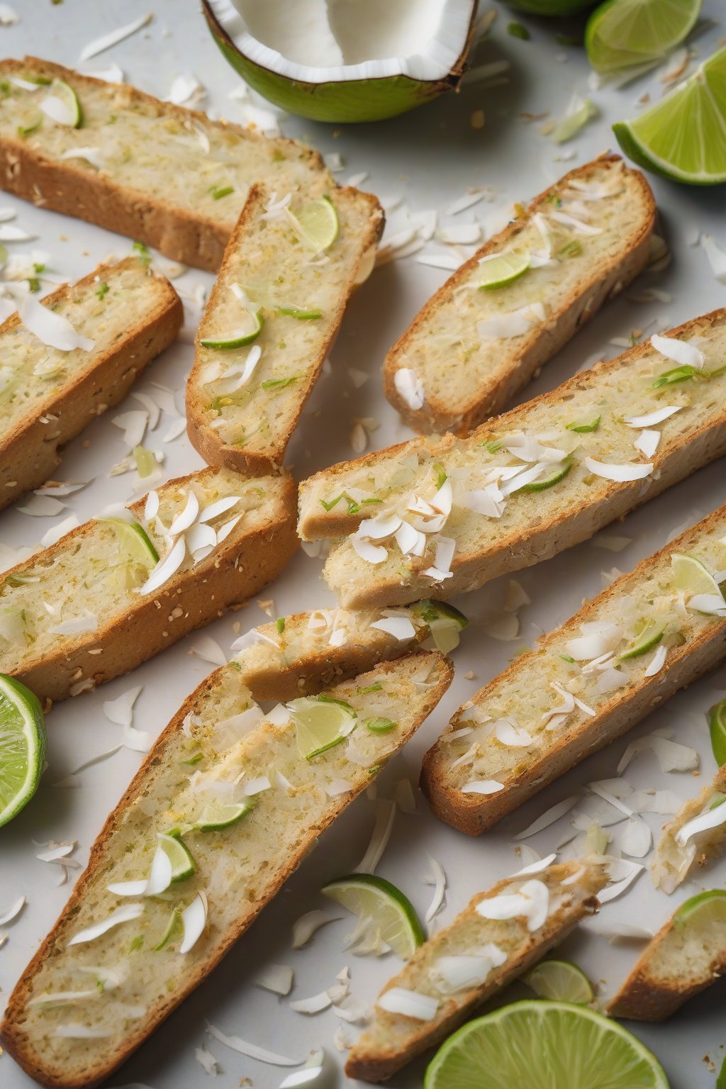 A high-resolution photo of coconut lime biscotti with lime zest specks and coconut flakes, tropical vibe, under soft lighting.