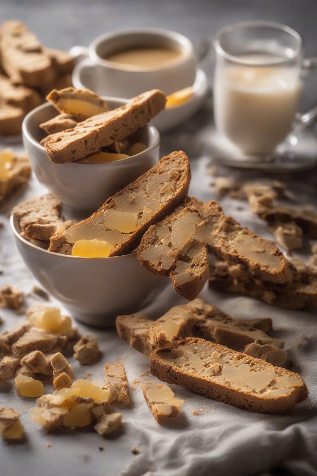 A high-resolution photo of ginger spice biscotti slices with candied ginger chunks, steam from chai, under soft lighting.