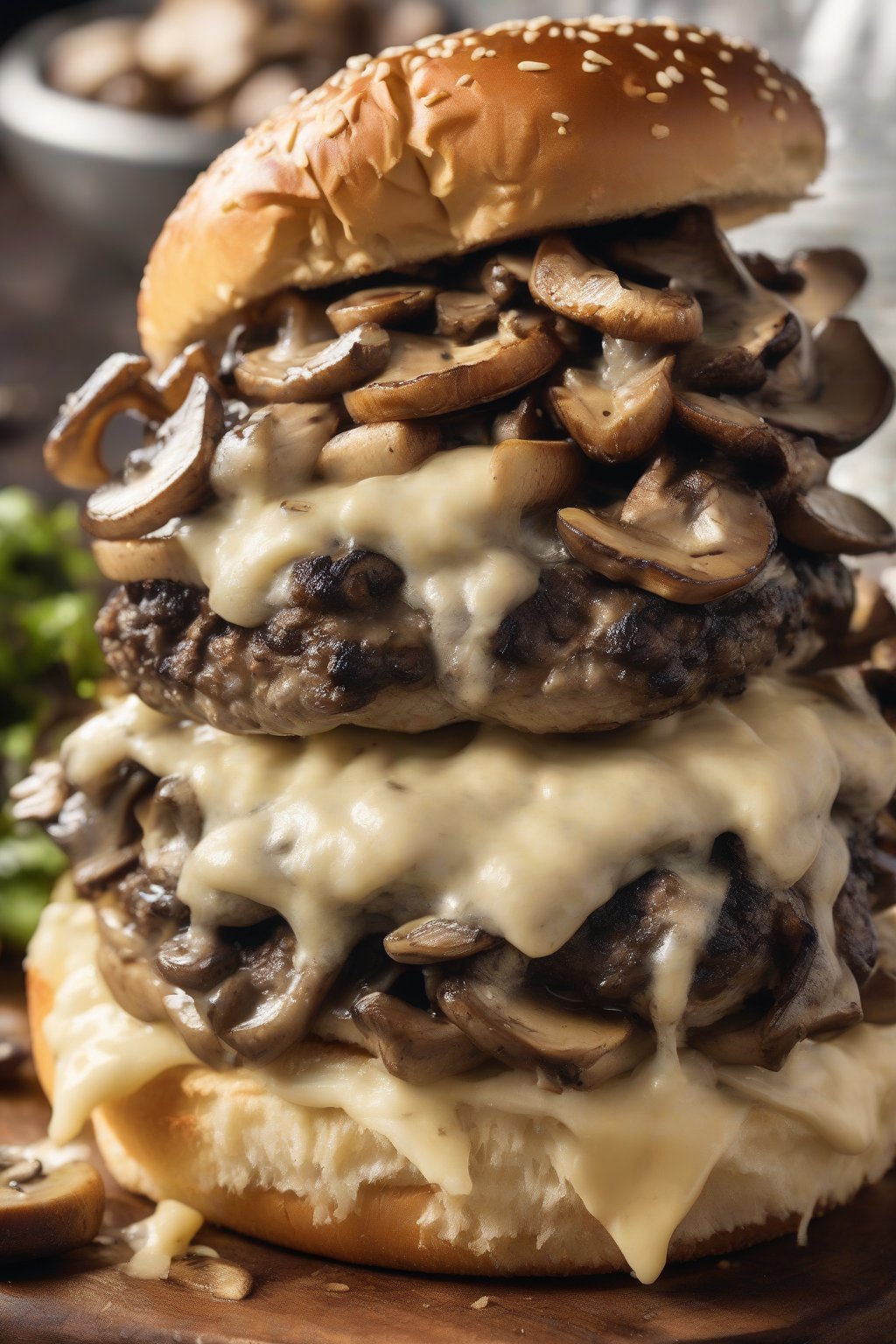 A high-resolution close-up photo of a mushroom Swiss smash burger with sautéed mushrooms piled high and bubbly cheese under soft lighting.