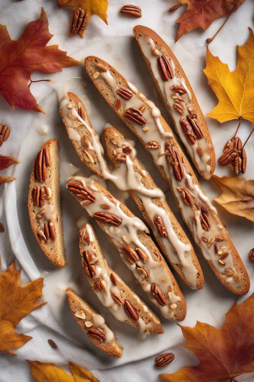 A high-resolution photo of maple pecan biscotti with glossy syrup glaze and pecan halves, fall leaves backdrop, under soft lighting.