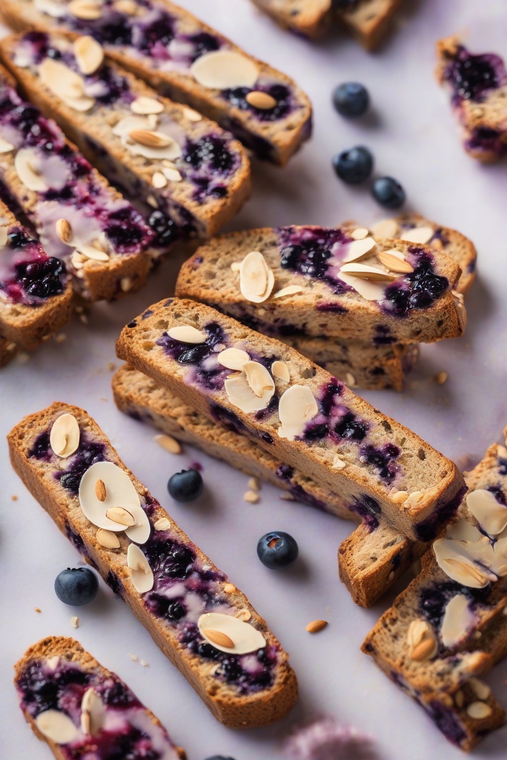 A high-resolution photo of blueberry almond biscotti showing purple flecks and almond slices, fresh berries nearby, under soft lighting.
