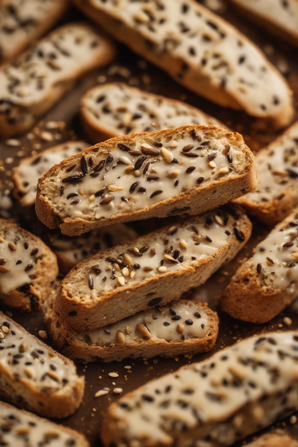 A high-resolution photo of cardamom seed biscotti with pod specks and sesame, warm spice tones, under soft lighting.