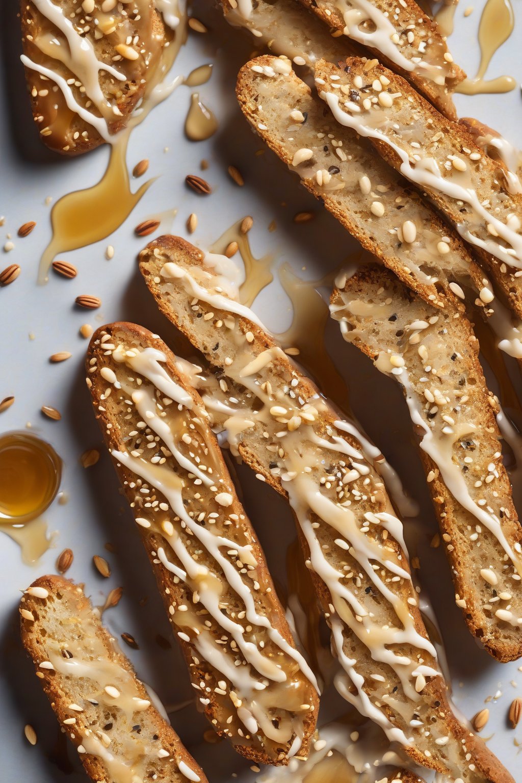 A high-resolution photo of sesame honey biscotti drizzled with honey, seeds glistening, under soft lighting.