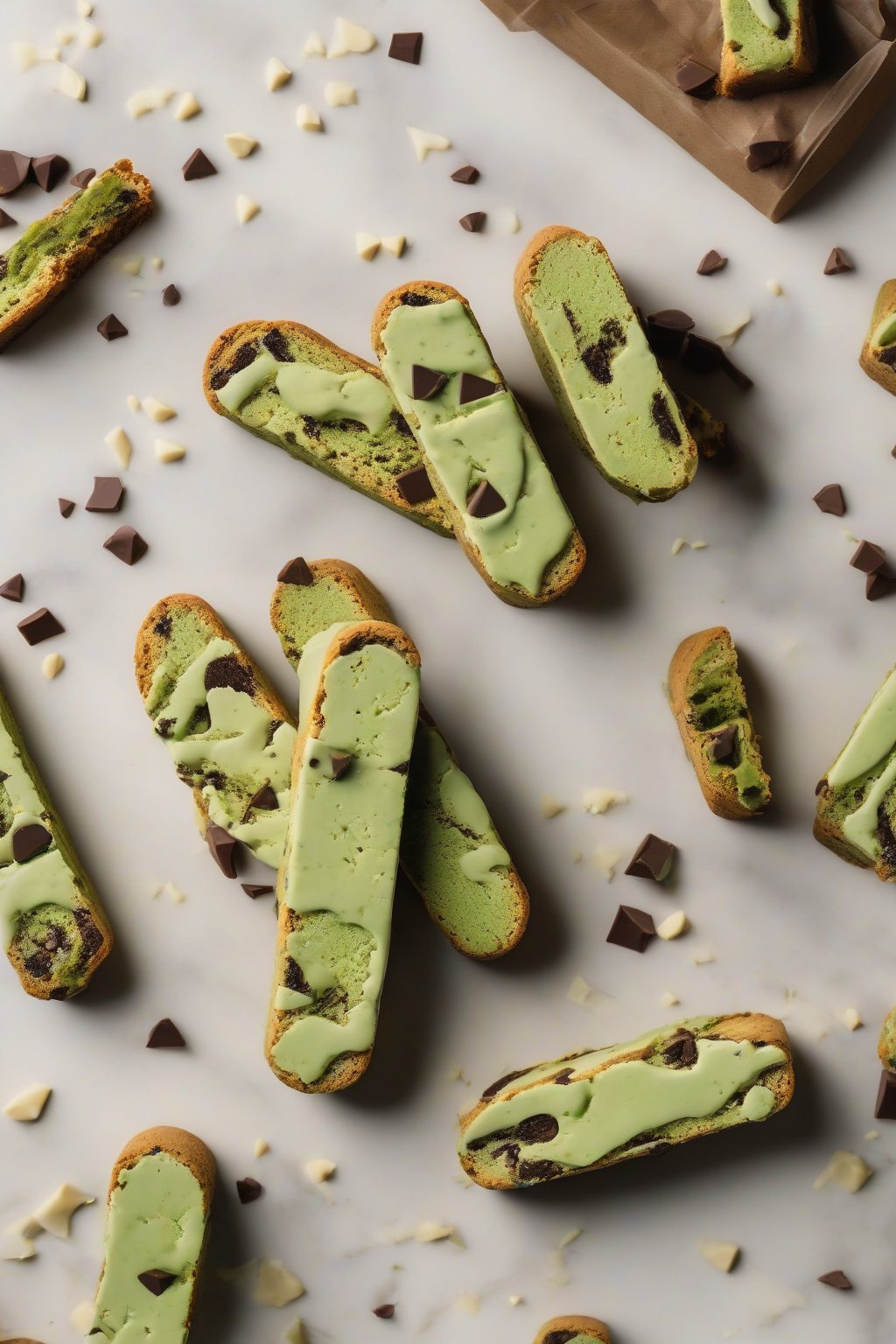 A high-resolution photo of matcha white chocolate biscotti with green hue and chocolate melts, zen aesthetic, under soft lighting.