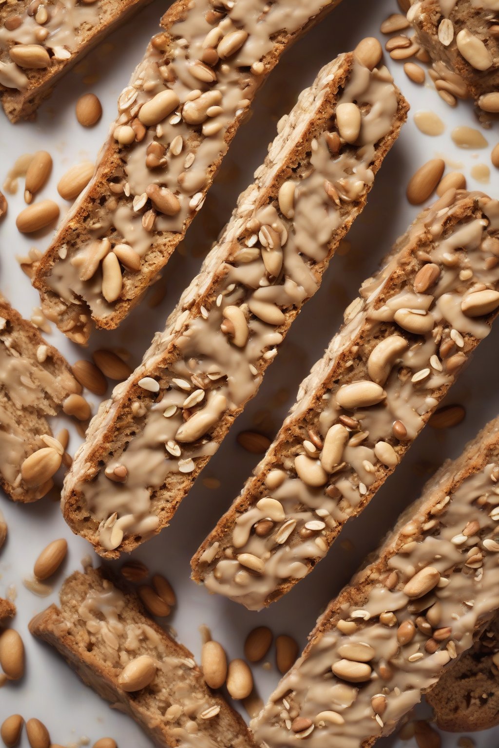 A high-resolution photo of peanut butter oat biscotti with chunky peanuts and oats visible, milk splash nearby, under soft lighting.