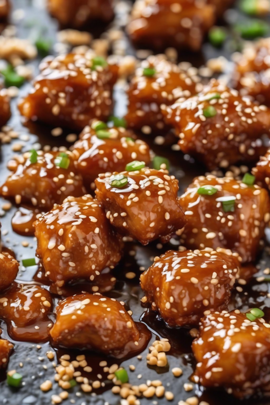 A close-up photo of golden crispy sesame chicken bites glazed in shiny honey sauce, sprinkled with sesame seeds, under soft lighting.