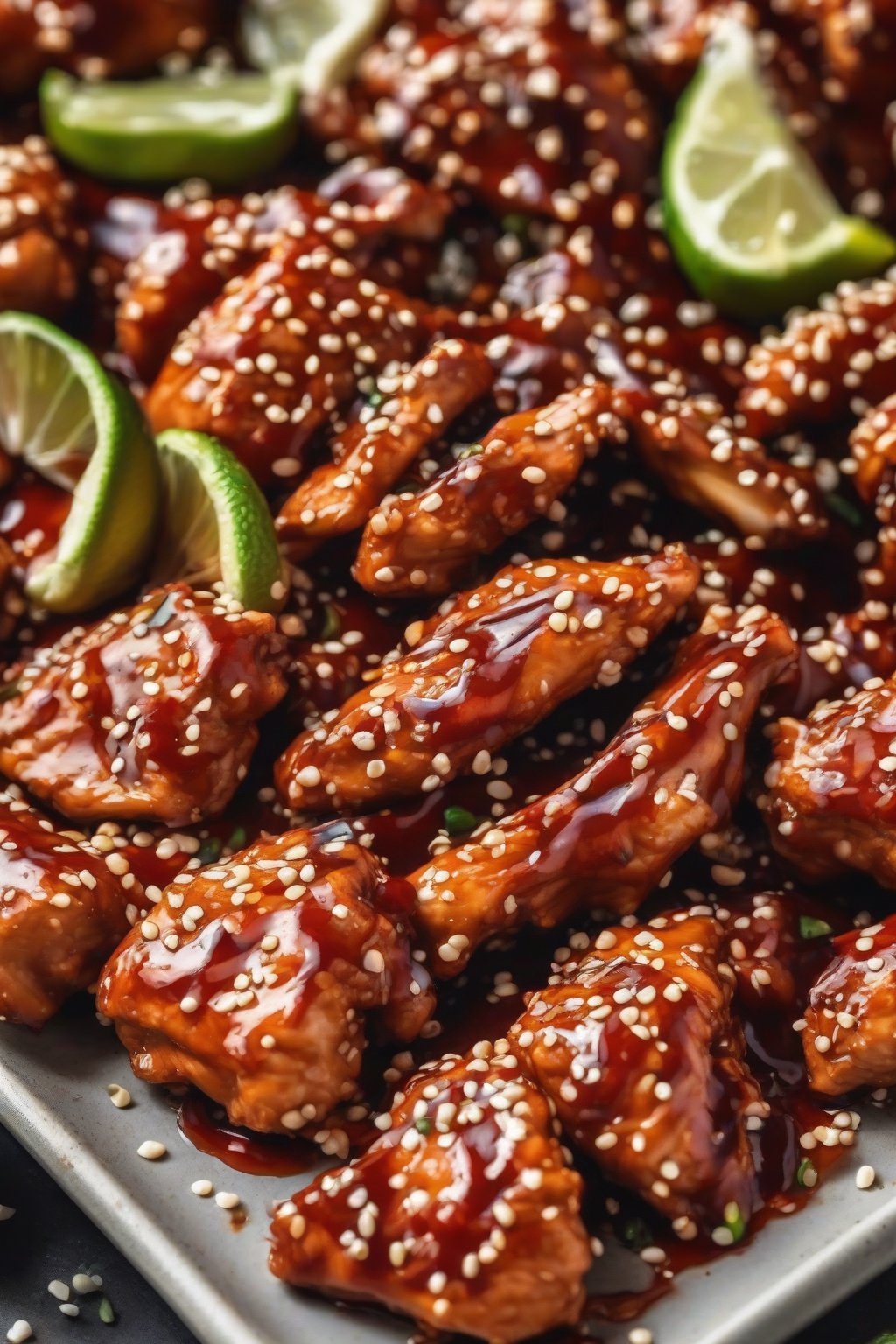 A close-up photo of fiery red sriracha-glazed sesame chicken pieces with sesame seeds and lime wedges, under soft lighting.