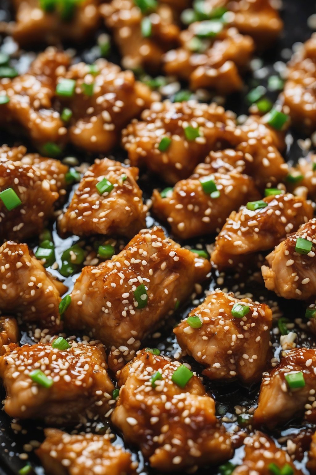 A close-up photo of buttery sesame chicken chunks loaded with minced garlic and sesame seeds, under soft lighting.