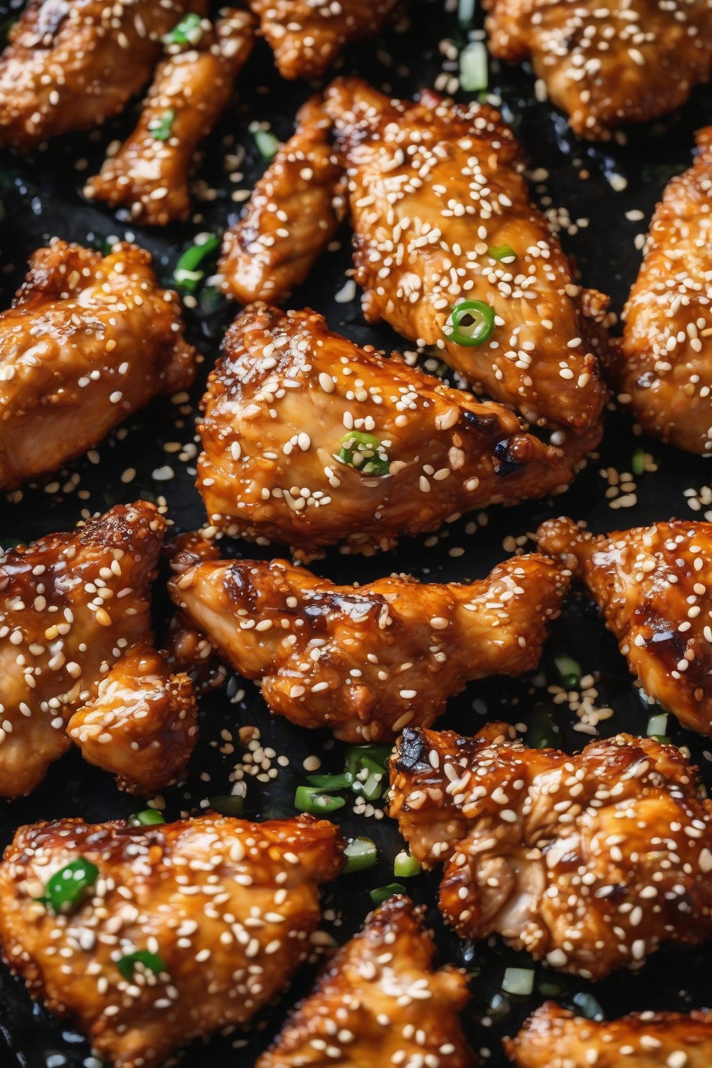 A close-up photo of teriyaki-drenched crispy sesame chicken with charred edges and sesame topping, under soft lighting.