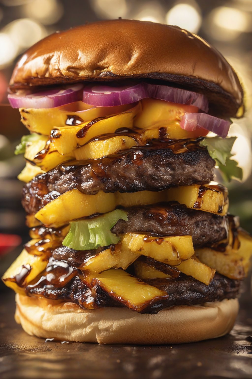 A high-resolution close-up photo of a Hawaiian smash burger with charred pineapple rings and teriyaki-glazed patty under soft lighting.