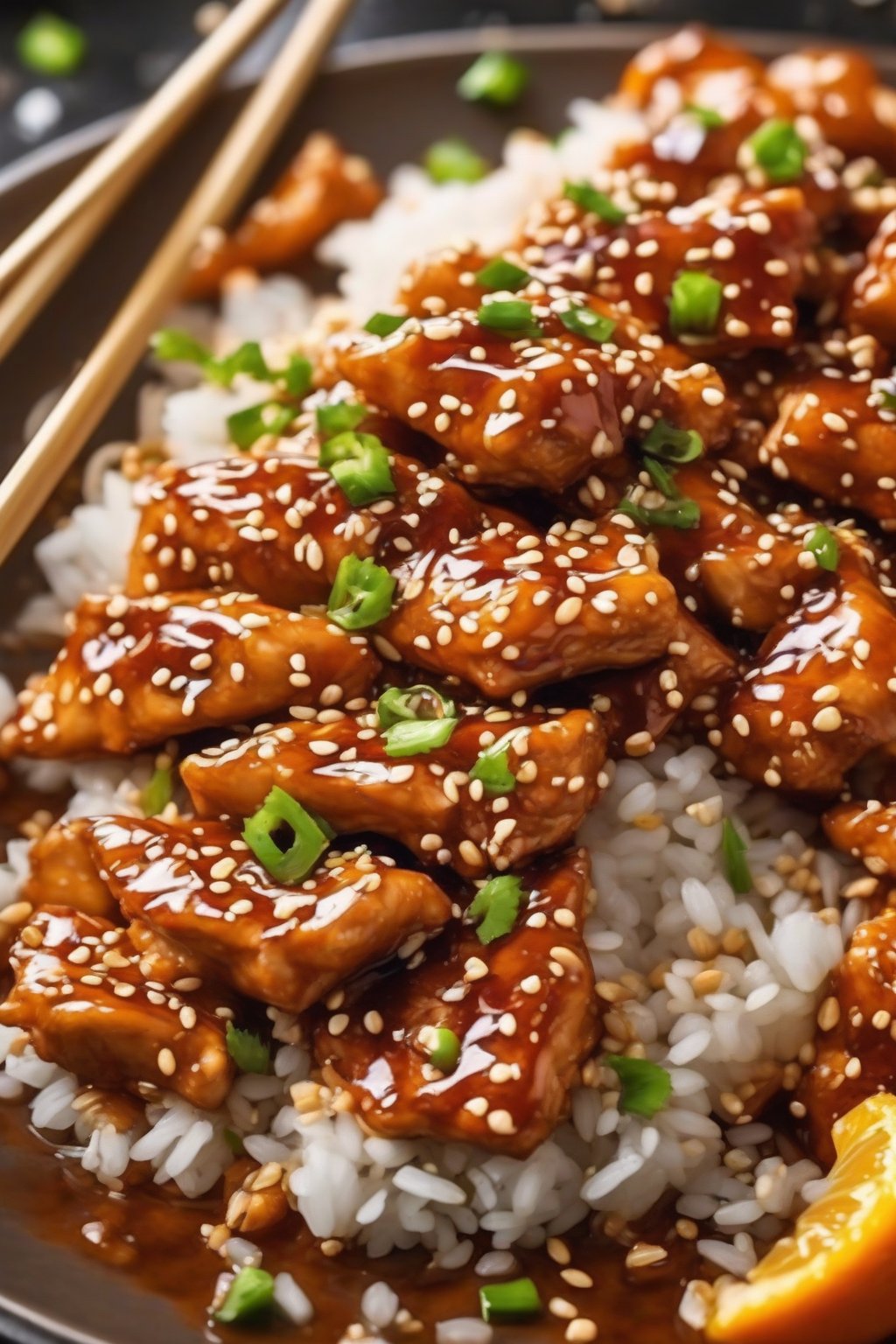 A close-up photo of vibrant orange-sauced sesame chicken pieces garnished with zest and seeds, under soft lighting.